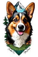 corgi memorial tattoo with mountain landscape tattoo design idea