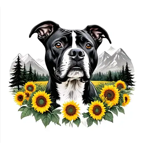 American staffordshire bull terrier with sunflowers, trees, and mountains tattoo design idea