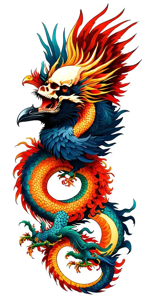 Chinese dragon and phoenix and skull and moon and raven tattoo design idea
