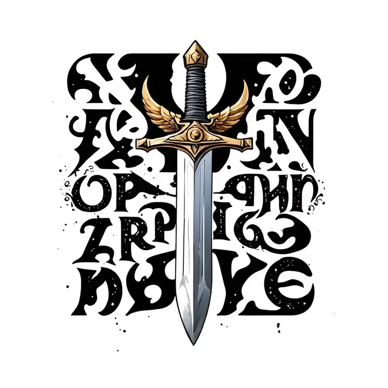 A sword 🗡️ made with alphabets "ARYAN MODE" tattoo design idea