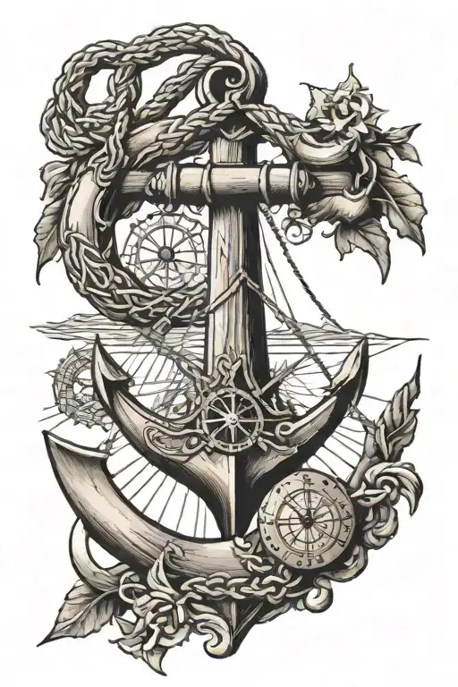 Anchor, Viking longship sailing, compass rose tattoo design idea
