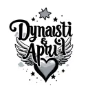 "Dynasti & April" name in shape of heart with wings and 5 point stars in the clouds tattoo design idea