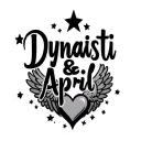 "Dynasti & April" name in shape of heart with wings and 5 point stars in the clouds tattoo design idea