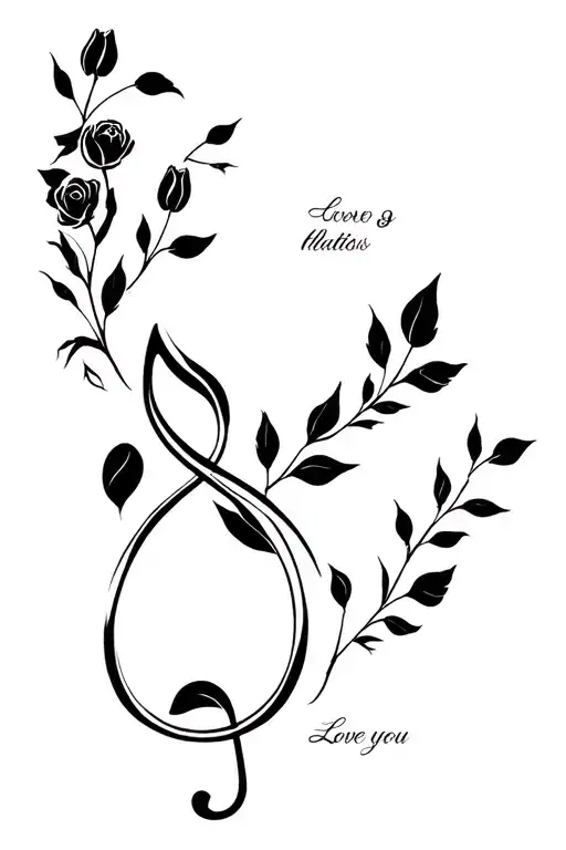 simple black treble clef with black roses black tulips and black leaves coming out and handwriting that says love you tattoo design idea