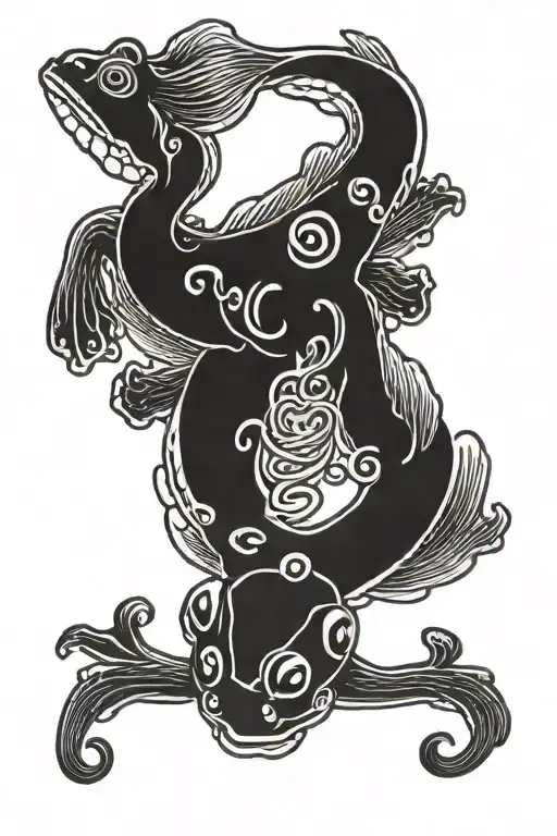 Asian coi fish swimming upstream symbolizing money and Chinese money frog  tattoo design idea