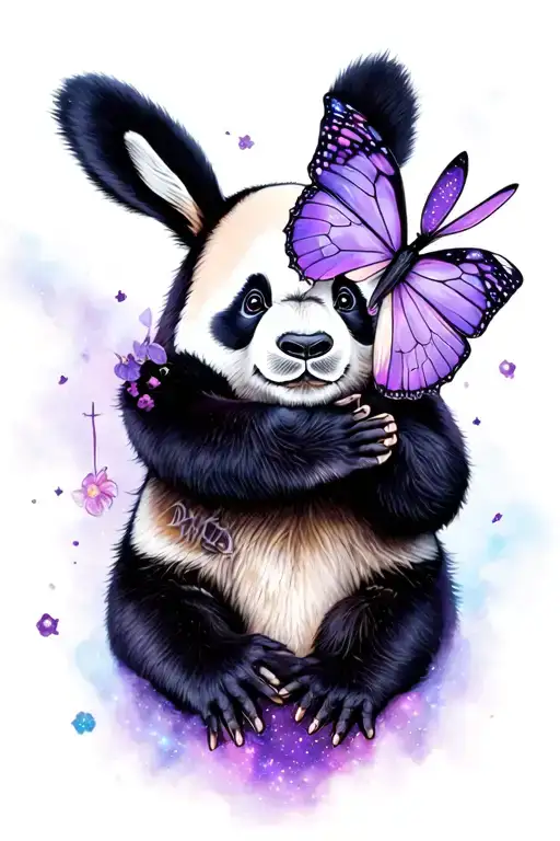 panda bear with a bunny on his hand and a purple butterfly on his nose and galaxy background tattoo design idea