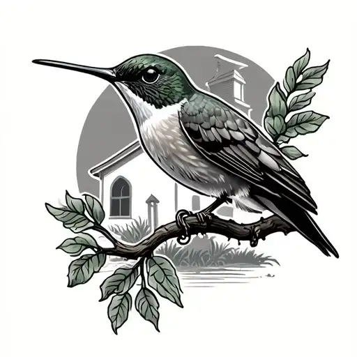 A black-grey tattoo design of a hummingbird perched on a branch, with the silhouette of a church in the background, symbolizing your humble and God fearing side, and your roots in Taddeo drive, Angels Estate, St Catherine Jamaica tattoo design idea