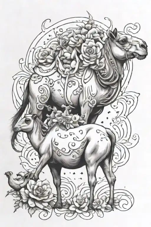 camel and cow with andromeda flower in hair tattoo design idea