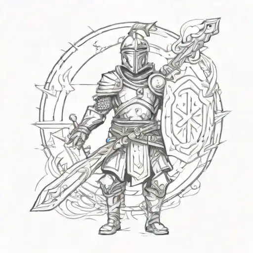 A Design Of A Warrior Holding A Sword With a Shield and a Cross on it Tattoo Idea tattoo design idea