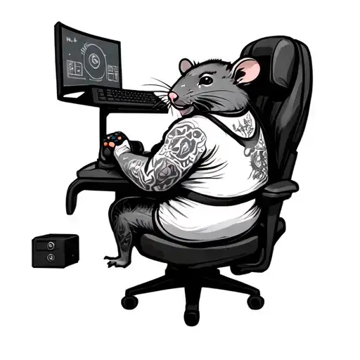 create a chubby rat playing pc games slouching in a gamer chair. seen from the back tattoo design idea