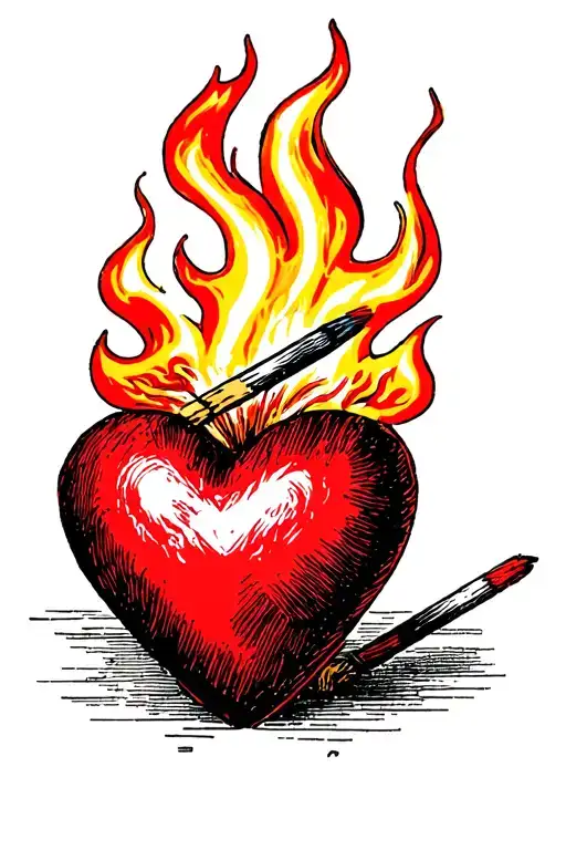 Single match, burning with flame in the shape of a heart tattoo design idea