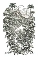 rainforest with jungle animals and mountains tattoo design idea