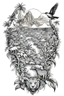 rainforest with jungle animals and mountains tattoo design idea