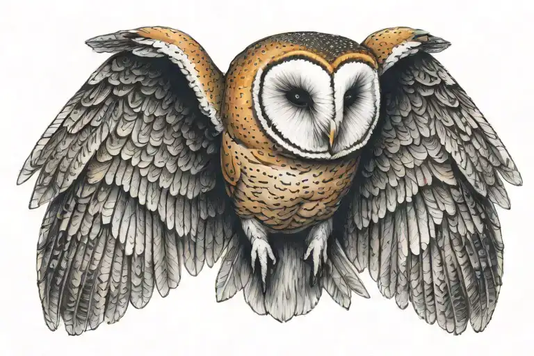 barn owl, wings spread, skull tattoo design idea