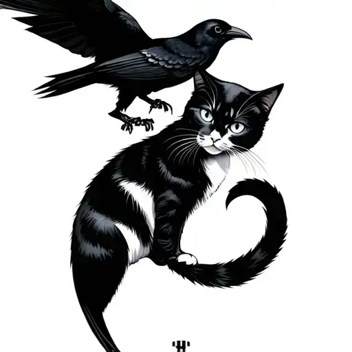 Japanese and cat and a crow tattoo design idea