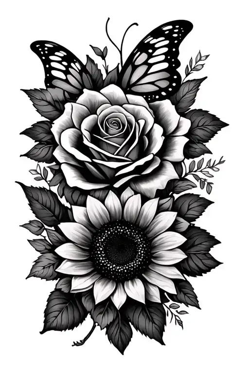 roses, butterfly, sunflowers, need over want you tattoo design idea