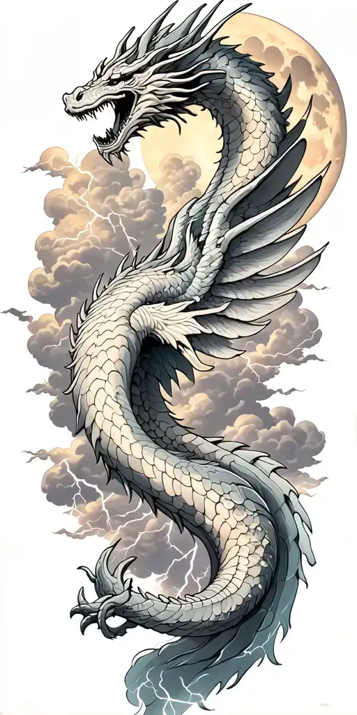 leviathan, virgo, typhoon, wings, clouds, dragon, fighting, midgar background, manlike body, storm, lightning ,SUN,MOON tattoo design idea
