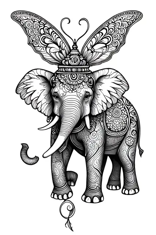 A spiritual tattoo design featuring an elephant with butterfly wings instead of ears. whit mix buddism figure  tattoo design idea