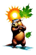 Beaver holding a maple leaf with the sun and the water was closing tattoo design idea