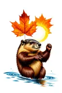 Beaver holding a maple leaf with the sun and the water was closing tattoo design idea