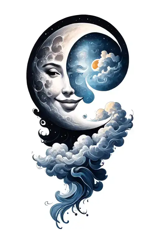 psychadelic clouds fantasy smiling moon tattoo design idea