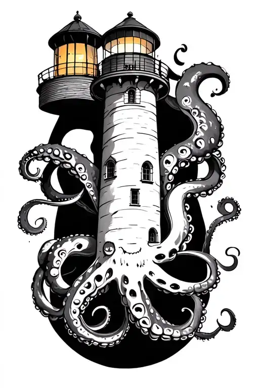 lighthouse and octopus wrapped tattoo design idea