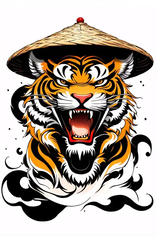 Traditional Japanese tattoo sleeve design, full-body roaring tiger with Hannya mask face and straw hat, swirling wind ba tattoo design idea