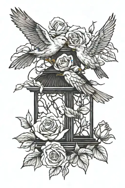 flying canary with roses growing tattoo design idea