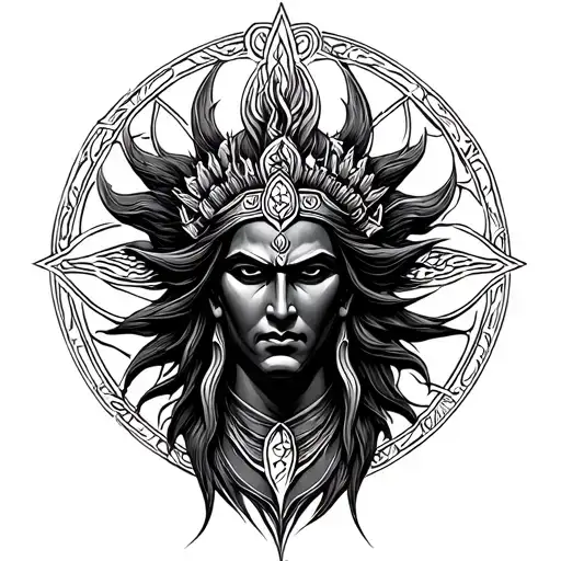raging dark shiva bust with seed of life on the background  tattoo design idea