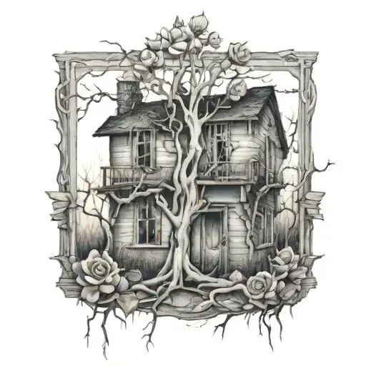 Abandoned ruined old house, roses, tree roots tattoo design idea