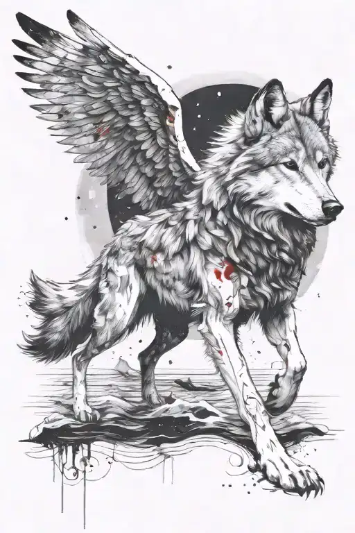 WOLF DOG WITH WINGS AND SEA AT BACK AND MOON AND STAR tattoo design idea