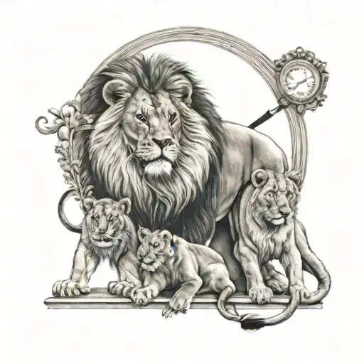 lion with 2 cubs roman clock tattoo design idea