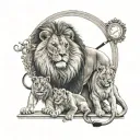 lion with 2 cubs roman clock tattoo design idea