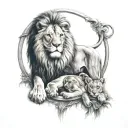 lion with 2 cubs roman clock tattoo design idea