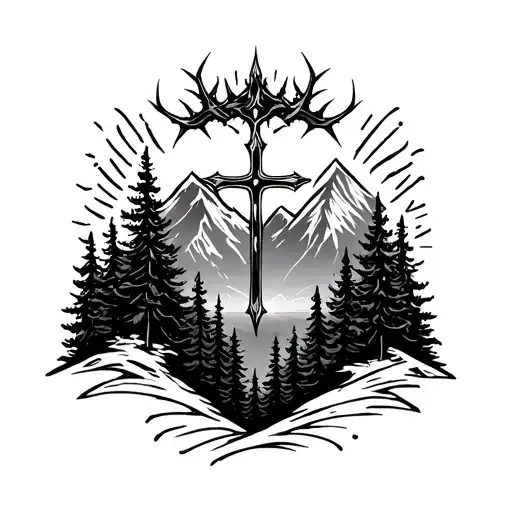 cross, thorn crown, mountains, pinetrees on forearm tattoo design idea