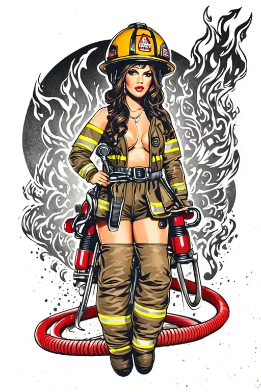 firefighter pinup girl with fire hose wearing motorcycle helmet  tattoo design idea