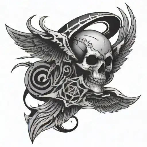 Fire, stars, wings, satanic, skull, Native American, tribal in lines tattoo for the arm  tattoo design idea