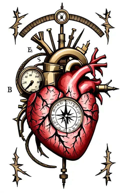 incorporate a compass, a cracked pressure gauge, and a mechanical heart tattoo design idea