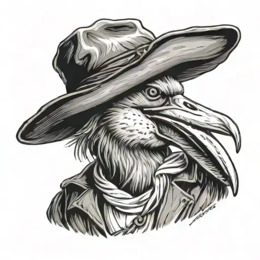 portrait of an anthropomorphic pelican as a fisherman with hat and a raincoat collar, no wings tattoo design idea