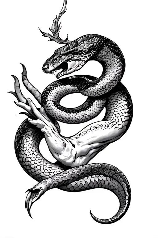 fall of icarus and a snake warped and the arm with the head on the hand tattoo design idea