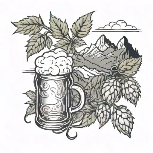 hops, beer, mountains tattoo design idea