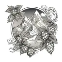 hops, beer, mountains tattoo design idea