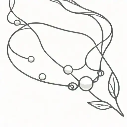 pearl necklace with one pearl, pretty dainty chain which is like intertwined twinfs and leaves. minimalist black lines tattoo design idea