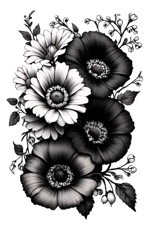 a thin flower vine wrapping around your wrist with chrysanthemum, morning glory, daisy, poppy, and lily of the valley tattoo design idea