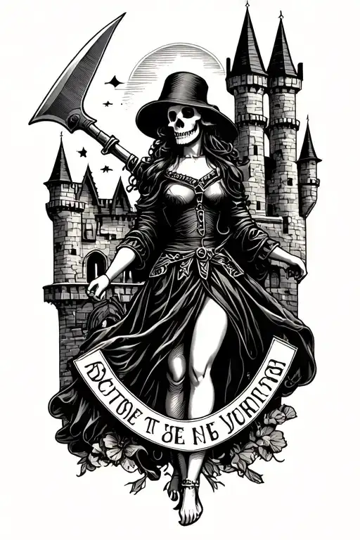 executioner skull girl and castle surrounded tattoo design idea