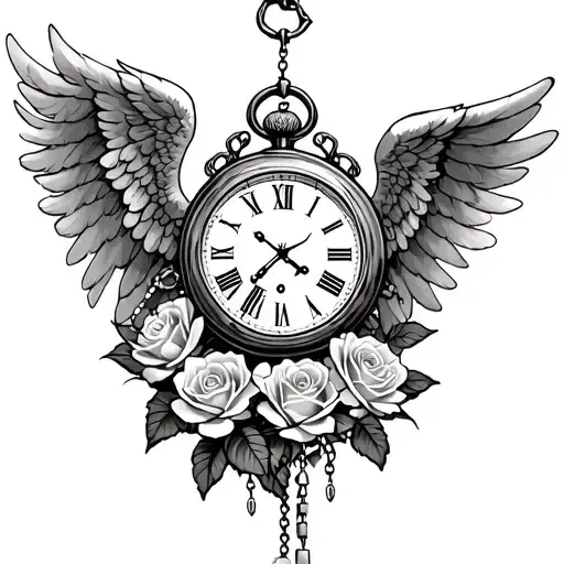 Angel, Clock with wings, a rosary and roses growing tattoo design idea