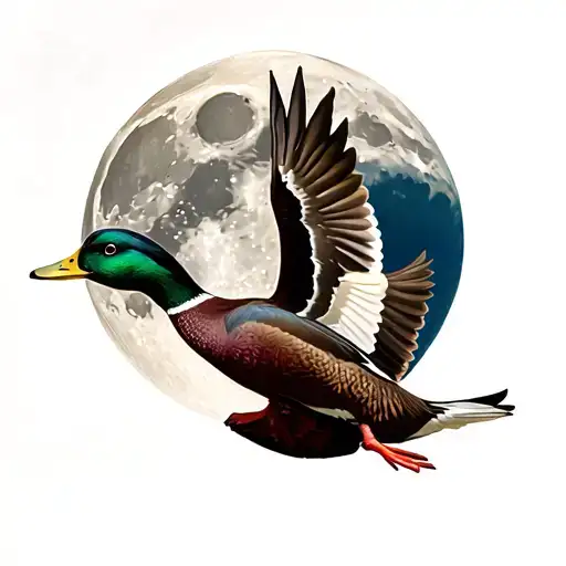 mallard duck flying towards moon tattoo design idea