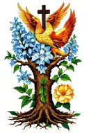 a deep rooted tree, a cross, a phoenix, and a hyacinth flower all incorporated together tattoo design idea