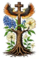 a deep rooted tree, a cross, a phoenix, and a hyacinth flower all incorporated together tattoo design idea