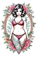 Traditional tattoo style   all body tattooed pinup  cartoon bikini woman for front of man thigh.  tattoo design idea